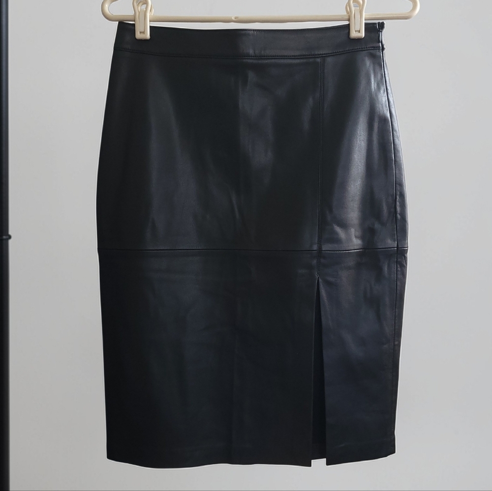 Mango Faux Leather Black High-Waisted Pencil Skirt Front Slit, Chic Sexy, Size 6 - Picture 2 of 11